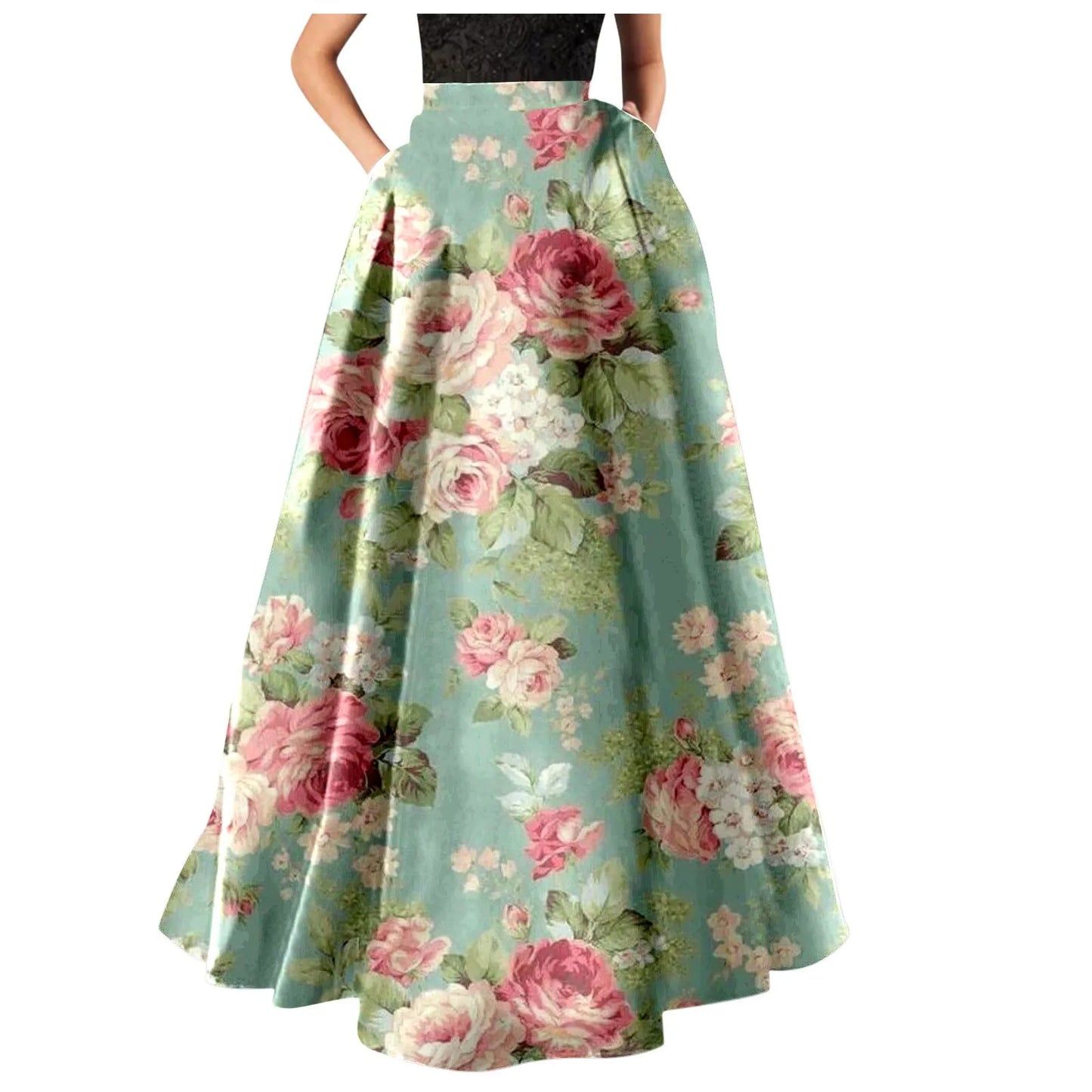 Korean Elegant Bohemian Skirts For Women 2024 Floral Print Maxi Skirt High Waist Pocket Party Beach Long Skirt Ropa De Mujer