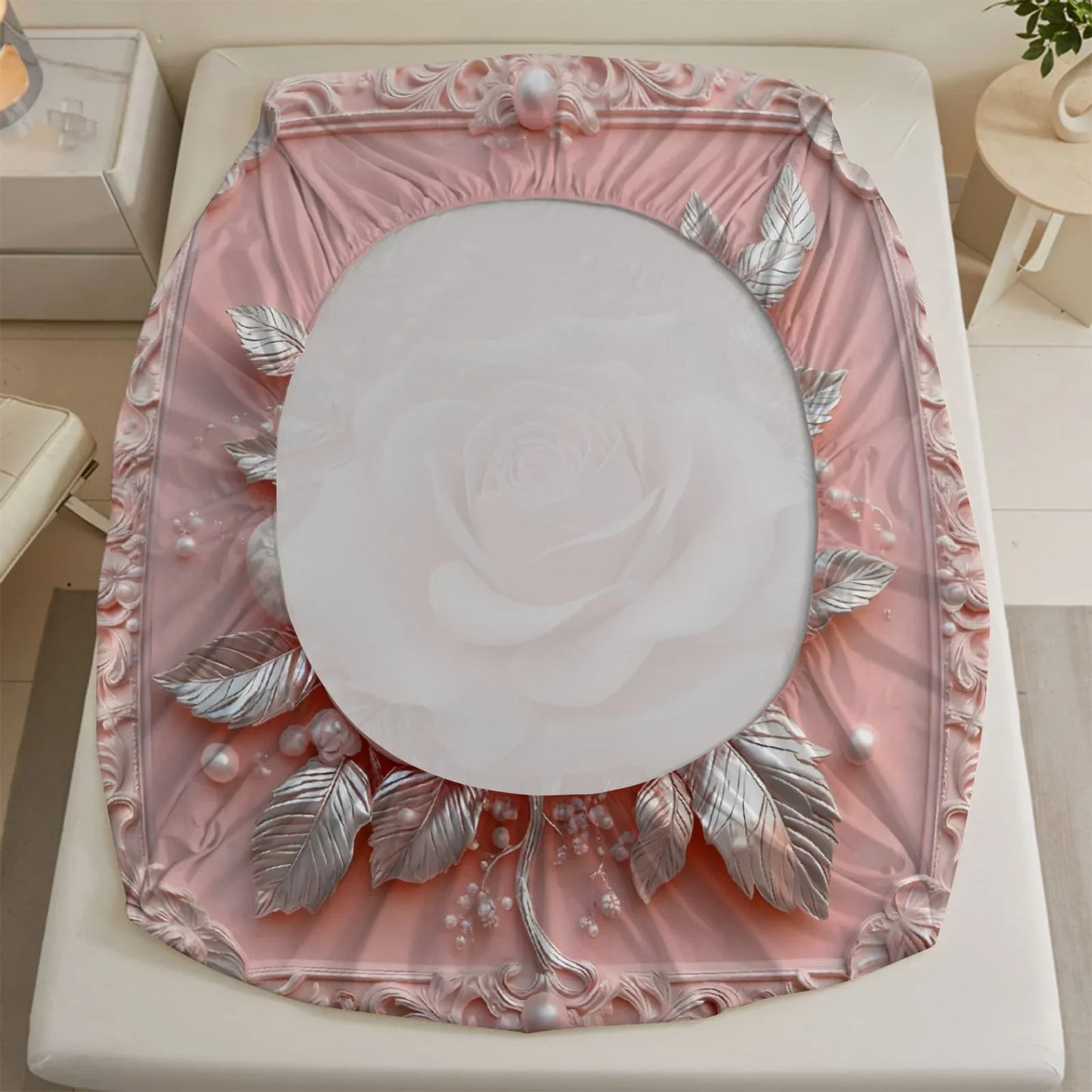 1pc 3D Embossed Pink Rose Print Fitted Sheet Deep Pocket Elastic Mattress Cover Single Double Queen King Bedroom Decor