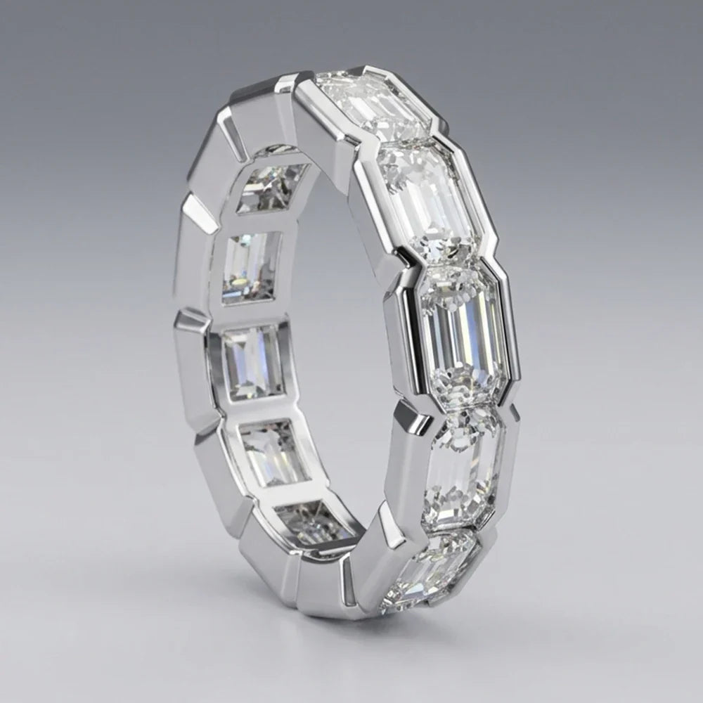 KNOBSPIN 3x5mm Emerald Cut Moissanite Eternity Band Ring D VVS1 Lab Created Diamond S925 Sterling Silver Wedding Rings for Women