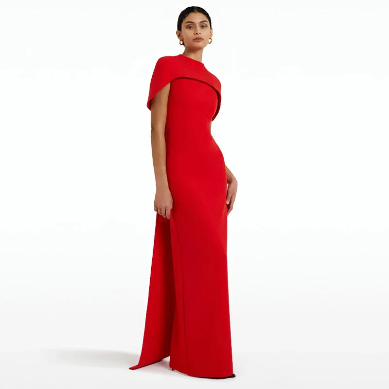 DEAT Women Fashion Evening Dress Cape Collar Patchwork High Waist Slim Solid Color Elegant Party Dresses Summer 2024 New 13DL26