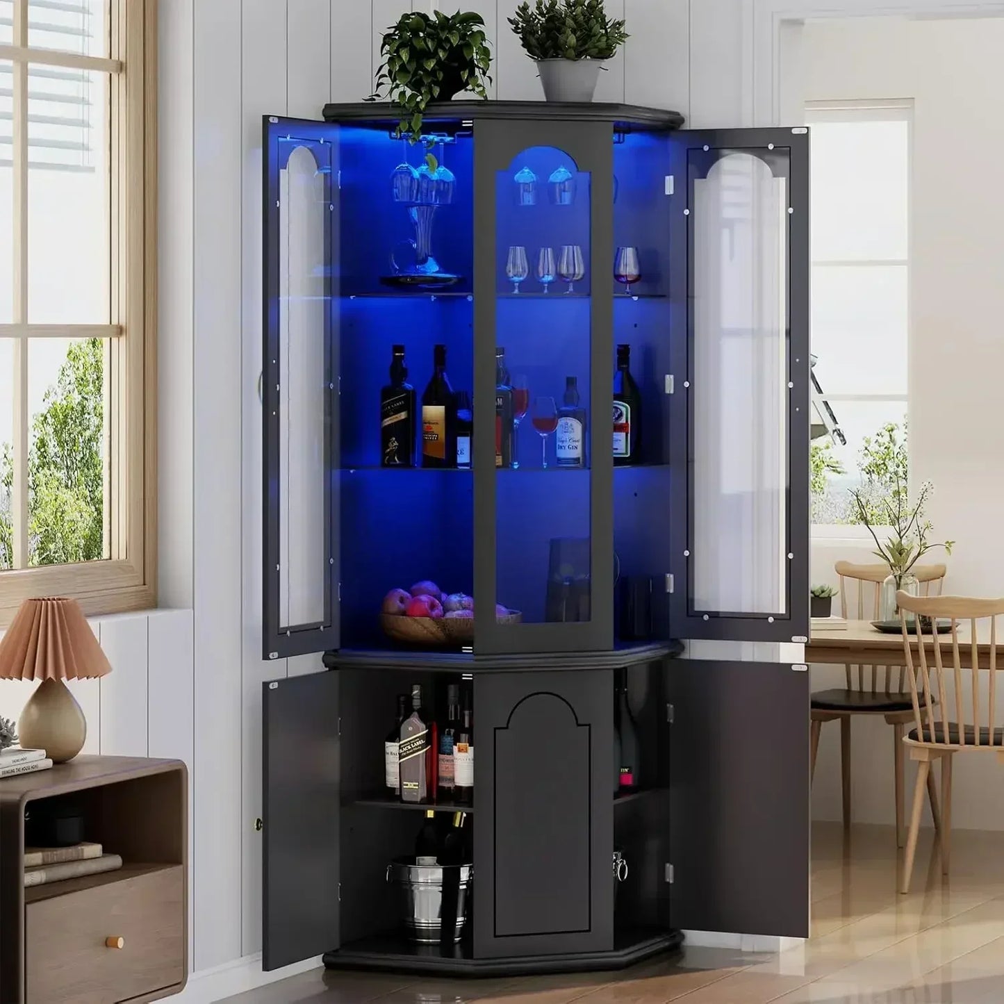Corner Bar Cabinet w/LED Lights, Home Bar Liquor Storage, Tempered Glass Door & Adjustable Shelves.