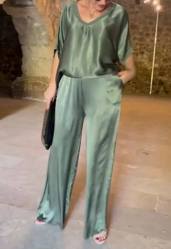Summer Short-sleeved T-shirt Two-piece Set For Women V-neck Top Pullover Wide-leg Pants Suit For Women Spring Loose Satin Suit