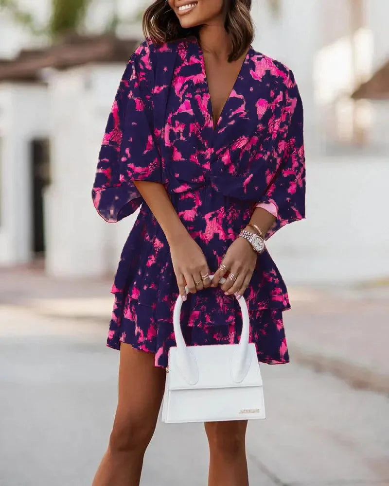2024 Women's Cross border with Batted Sleeves Fashionable Printed Dress