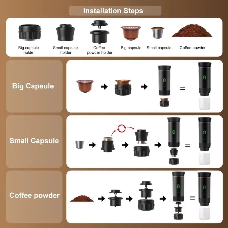 3 in 1 Electric Travel Espresso Machine Heating Water Portable Coffee Maker Compatible with Ground Coffee Small Large Capsules