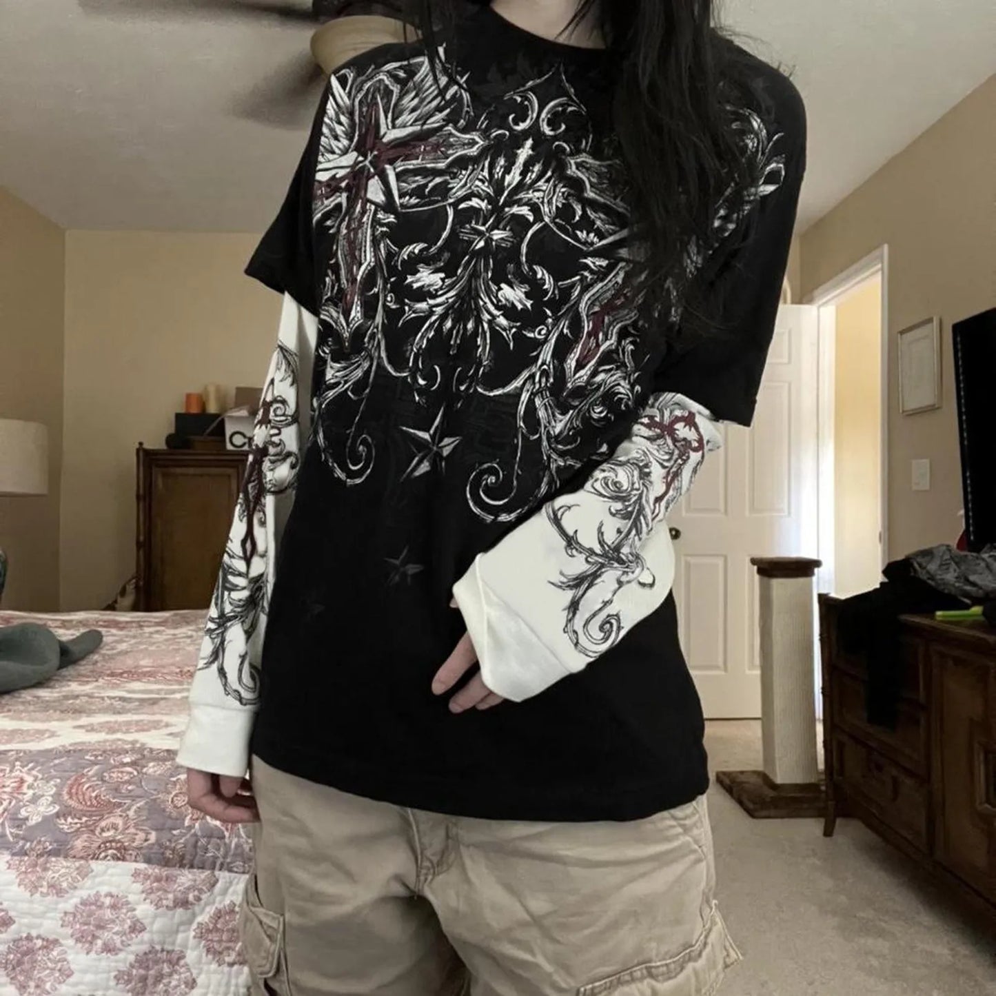 Womens Long Sleeve Y2k T-Shirt Grunge Graphic T Shirts Round Neck Harajuku Gothic Vintage Floral Print Tees Tops