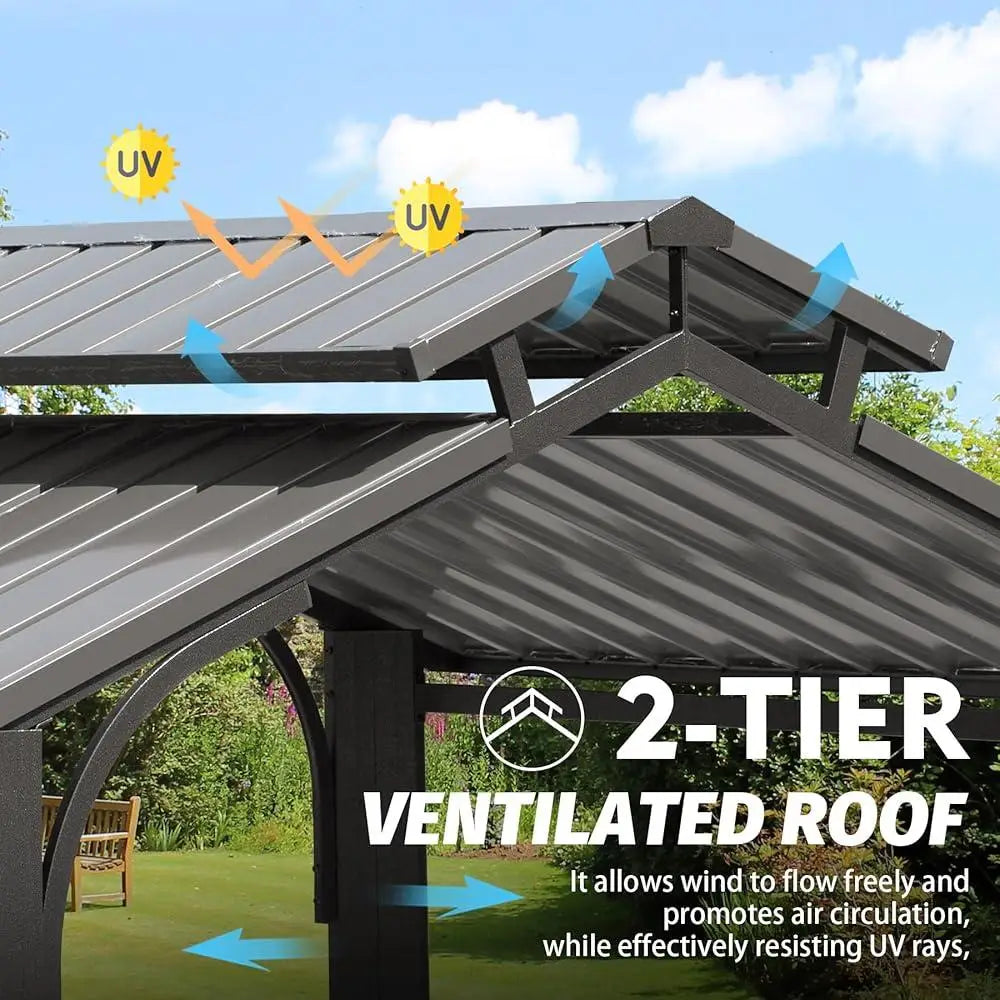 Hardtop Grill Gazebo Canopy Outdoor BBQ Shelter with Double Galvanized Steel Roof Side Shelves Ceiling Hooks and Built-in Bottle