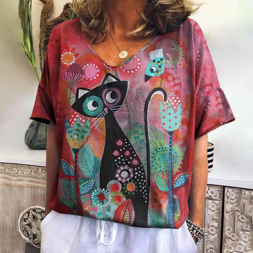 Women's T-shirt 3d Cute Cat Print V-neck Tops Summer New Kawaii Animal Short-sleeved Fashion Loose Large Size Women's Tops