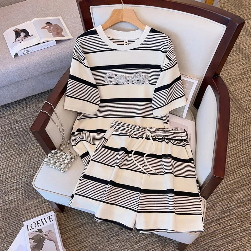 Women Plus Size Summer Regular Short Sleeve Suits Casual Strecth Cute Outfits Women Stripe O Neck Loose Two Piece Shorts Sets