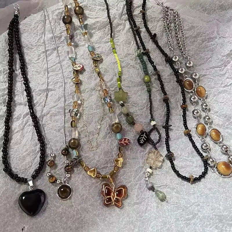Boho Natural Tiger Eye Stone Beaded Necklace Set Multi Color Glass