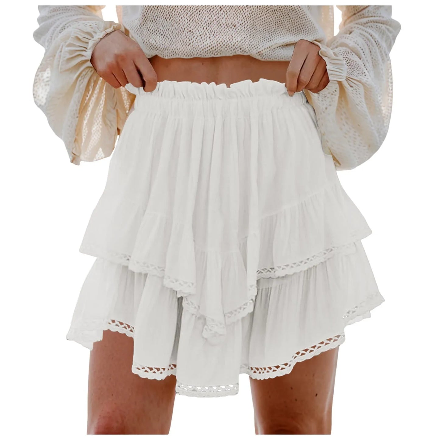 Women Flowy Ruffled Layered Shorts Elastic High Waist Pleated Mini Skirt Bohemian Crochet Skirt
