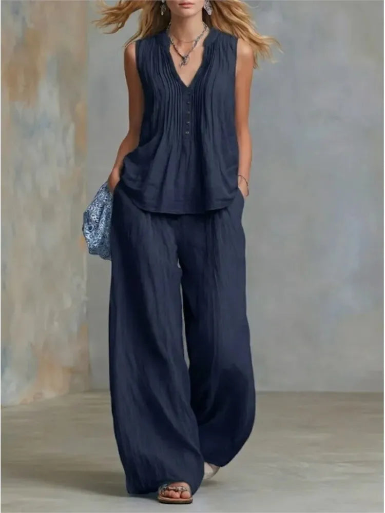 Fashion Pleated V-neck Sleeveless Women's Tops 2-piece Summer Casual Loose Wide-leg Trousers Female Elegant Office Trousers Set