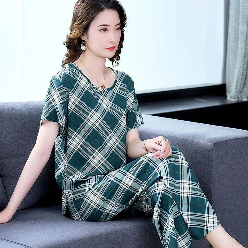 Cotton Silk Suit Summer Women's Sets New Casual Solid Color Short Sleeve Ankle-Length Pants 2 Piece Set Middle Age Mother Outfit