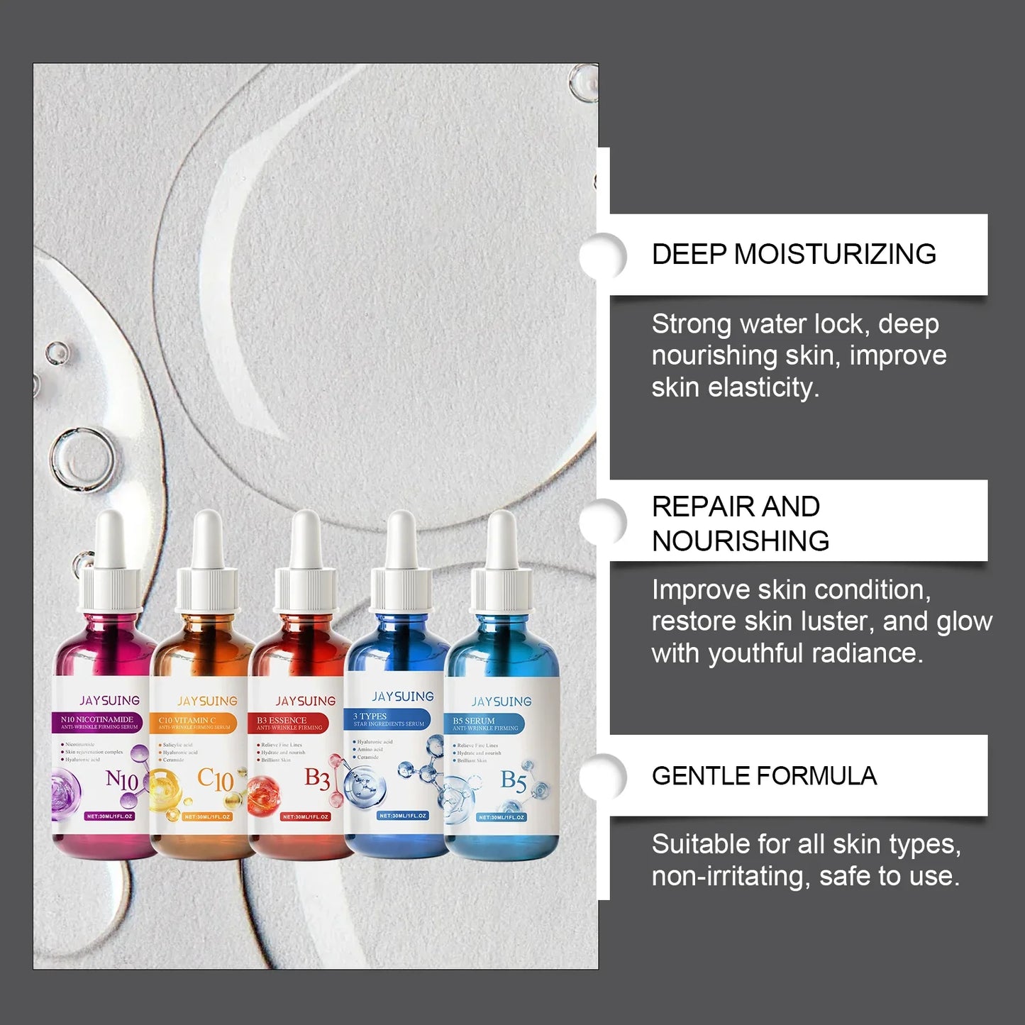 Facial Serum Skin Care Sets 5PCS Hyaluron Acid Vitamain C Niacinamide Fade Wrinkle Shrink Pores Moisturizing Brighten B5 Essence