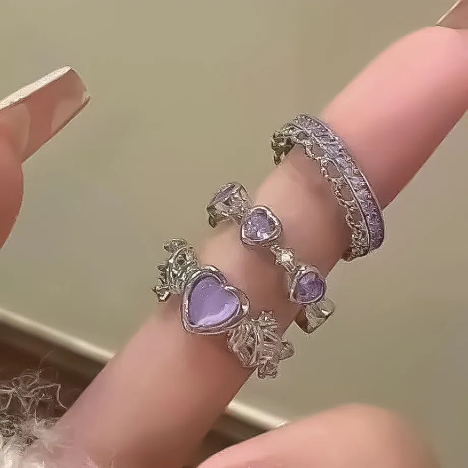 New Y2K Purple Crystal Irregular Heart Rings for Women Kpop Creative Heart Geometric Open Ring Punk Vintage Fashion Jewely Gifts