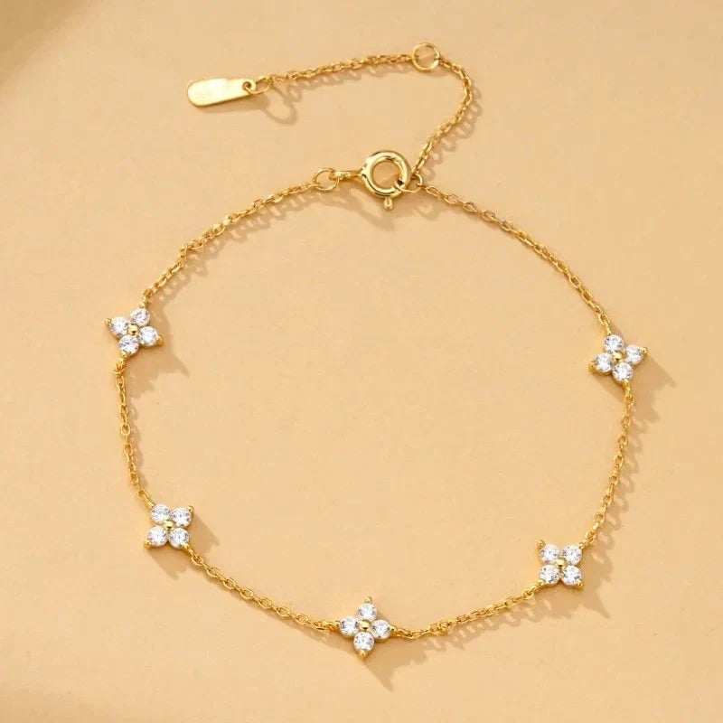 925 Silver Plated Cubic Zirconia Four Leaf Clover Bracelet for Women