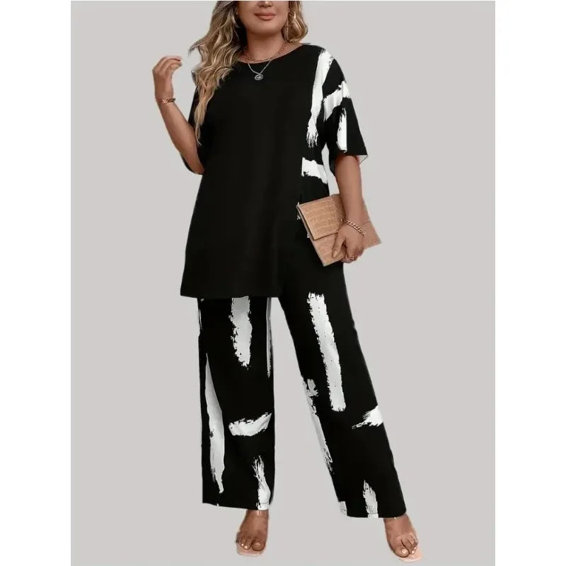 Plus Size Womens Brush Print Elegance  Short Sleeve Round Neck Split Top & Matching Pants 2 Piece Outfit Set