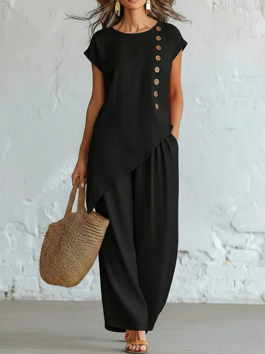 2026 Women 2 Piece Set Elastic Waist Pocket Button Decorate Wide Leg Pants+Solid Blouse Suit Casual Top Trousers Lady Outfits