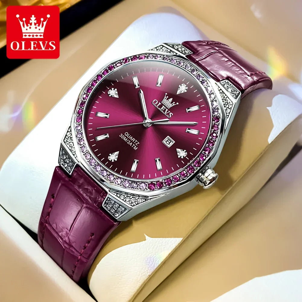 OLEVS Diamond Lap Women's Watches Luxury Original Quartz Watch for Women Fashion Leather Strap Waterproof Girls Dress Wristwatch