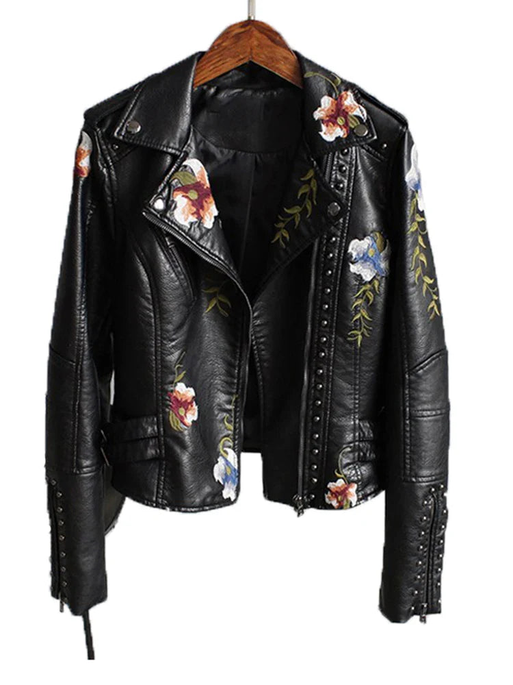 Ftlzz Women Floral Print Embroidery Faux Soft Leather Jacket Coat  Turn-down Collar Casual Pu Motorcycle Black Punk Outerwear