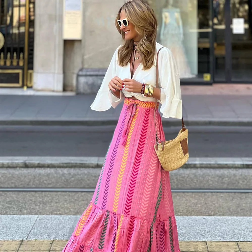 Summer High Waist Long Printed A-Line Skirt Floral Skirt Women Casual Beach Faldas Female Boho Elastic Waist Holiday Maxi Skirts