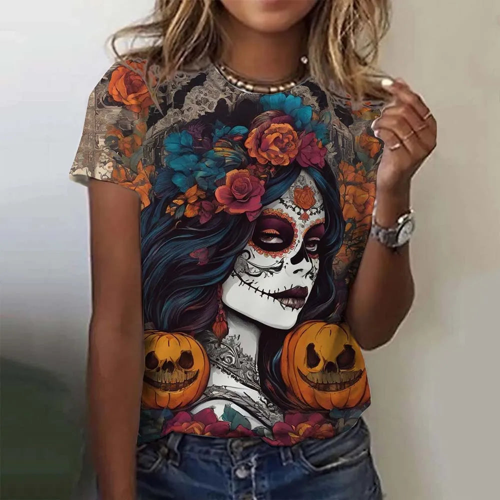 Fashion Women's T-shirt for Girls Summer Short Sleeve Sexy Girls Clothes Day of the Dead Undead Skull Pattern oversized T-shirts