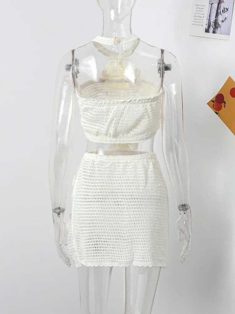 Chic 3D Floral Knitted Halter Beach Dress Women's Sexy Hollow Out Sleeveless Backless Mini Dress 2024 New Holiday Lady Vestidos