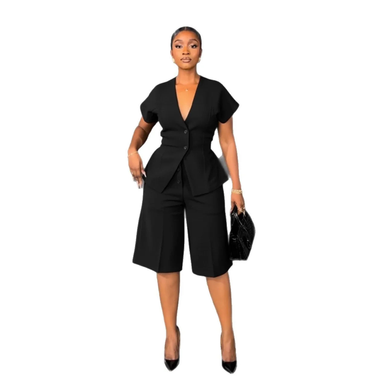 Two Pieces Women Pant Sets Solid Matching Sets Button V Neck Short Sleeves Coat Empire Waist Knee Length Pants Loose 2026 Autumn