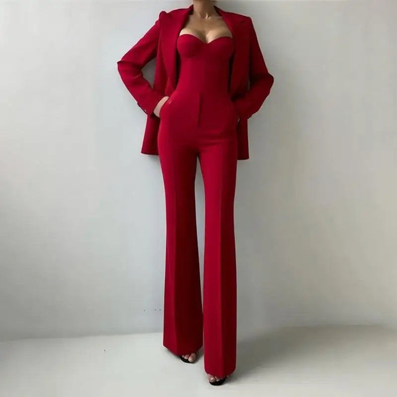 Solid Suit Jacket Corset Pants 3 Piece Set Women Corset Lapel Coat Straight Pants Lady Set 2026 Summer Autumn Commute Outfit New