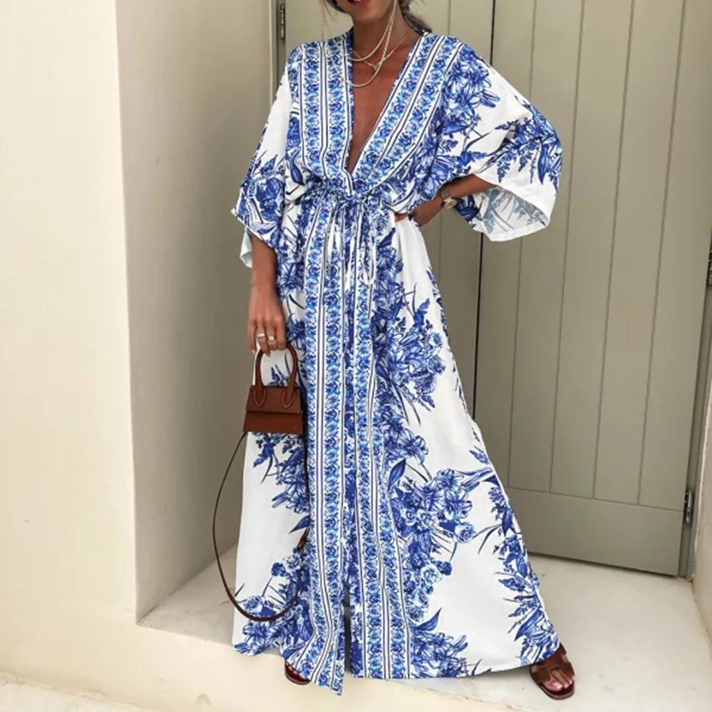 V Neck Half Sleeve Long Dress Lace Up Vintage Printed Large Hem Dresses Womens Casual Summer Dress Loose Long Robe Vestidos