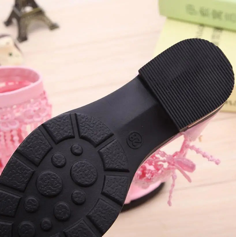 3 5 9 10 12 Year Kids Bow Sandals, Cute Princess Fashion High Heels Tassel School Shoes.