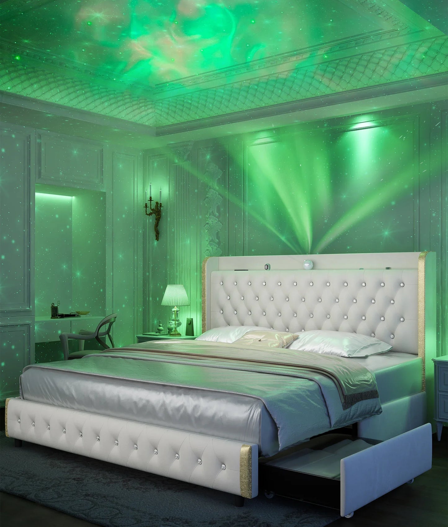 Queen LED Bed Frame with Galaxy Projector, Bluetooth Speaker, USB Ports, 4 Drawers, No Box Spring Needed.