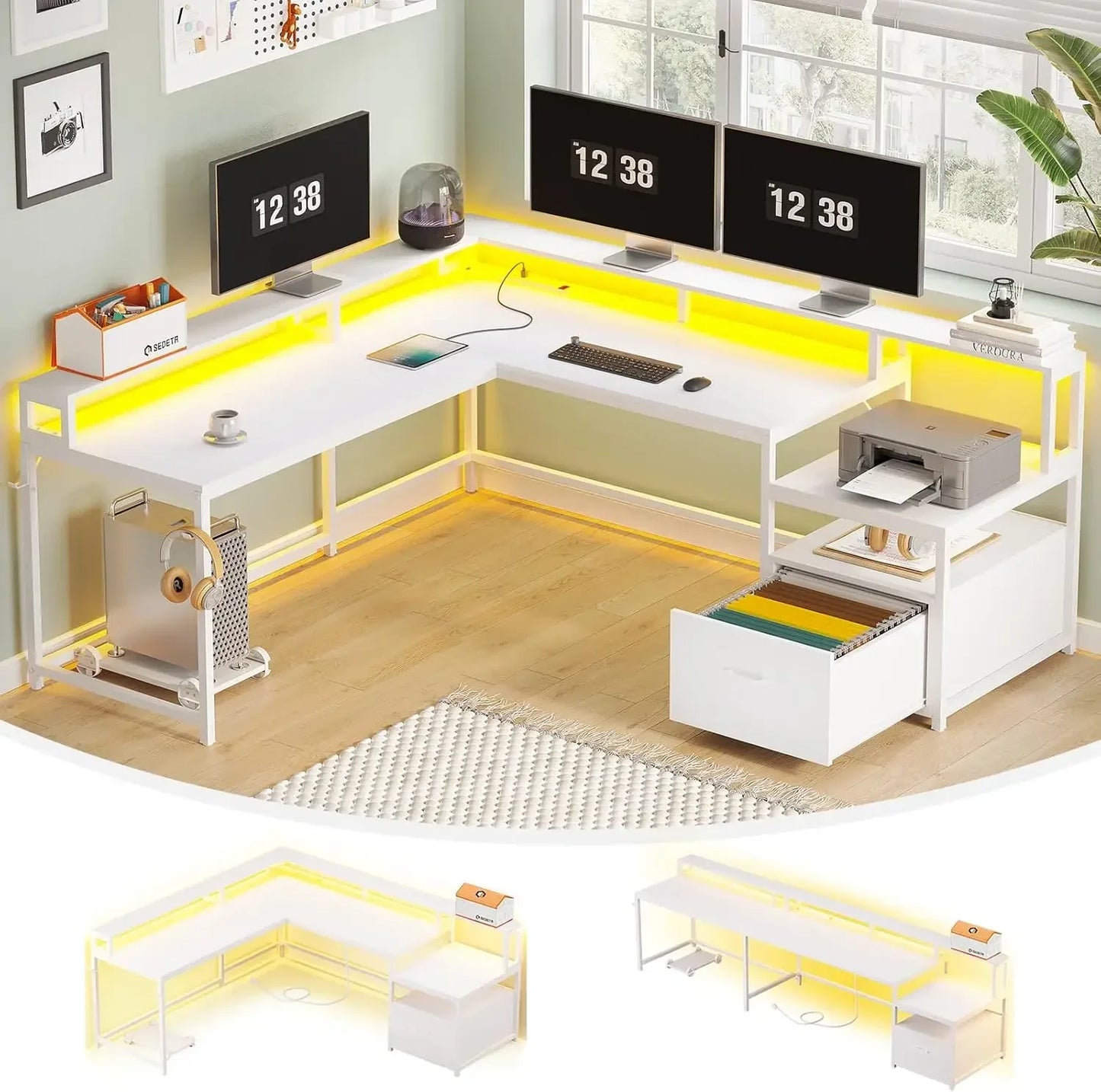 L Shaped Gaming Desk  with File Drawer Power Outlet Computer Desk  Led Lights