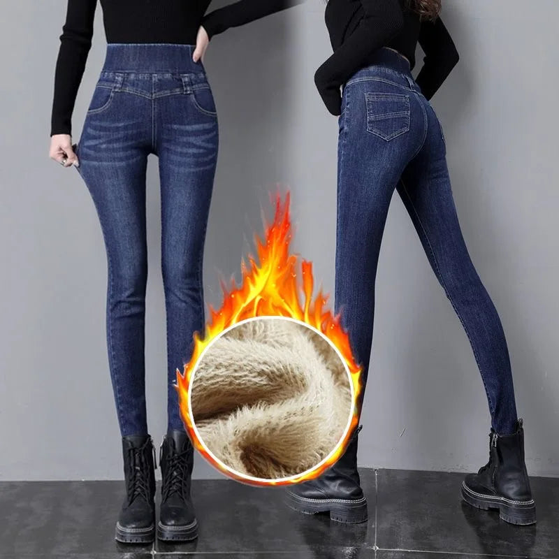 High Waist Skinny Pencil Jeans Mom Fall Winter Thicken Warm Denim Pants Casual Velvet Lined Vaqueros Big Size 38 Stretch Trouser