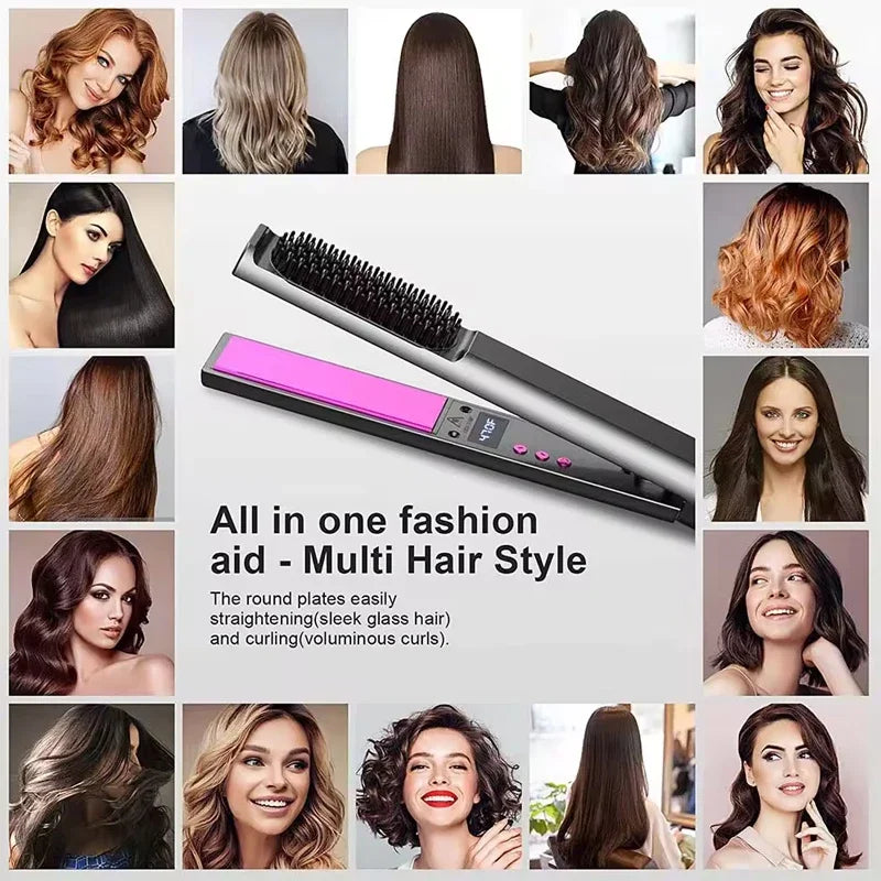 2 in 1 Hair Straightener Multifunctional Curling & Straightening Brush Ceramic Hot Comb Generator Helps Reduce Frizz Salon Tools