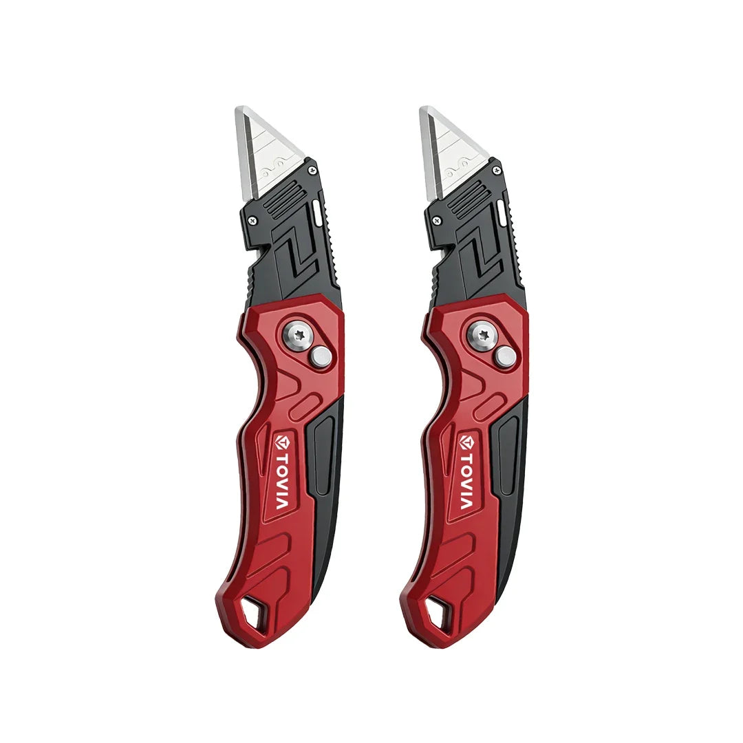 T TOVIA Folding Utility Knife with Blade Storage - Quick-Change Retractable Box Cutter, 3 Extra Blades in Handle, Aluminum Body.