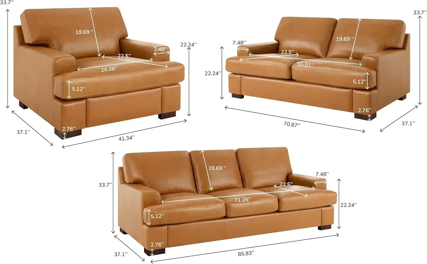 Genuine Leather Sofa Set of 3, Luxurious Comfortable Goose Feather Cushion Filling, Square Arm Design.