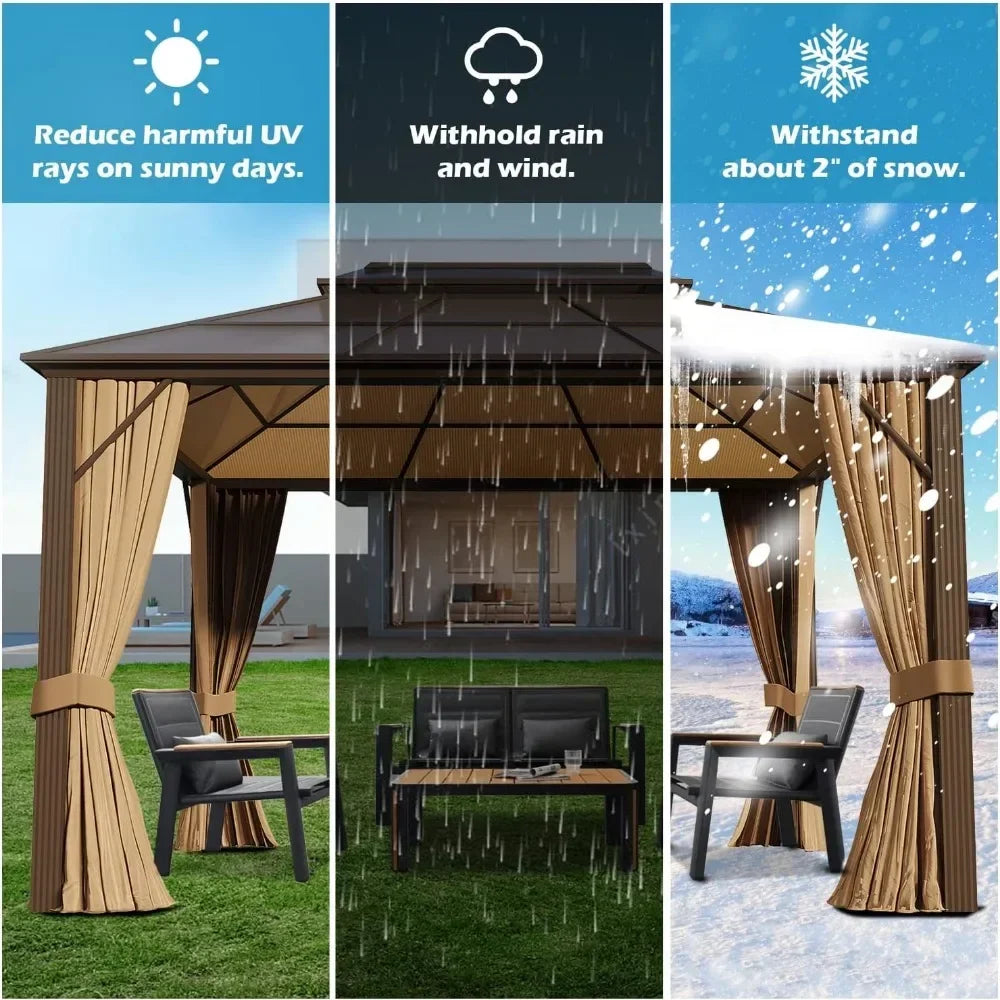 Polycarbonate Double Roof Pavilion Pergola Canopy with Privacy Curtains and Aluminum Frame, 10' X 13' Hardtop Permanent Gazebo