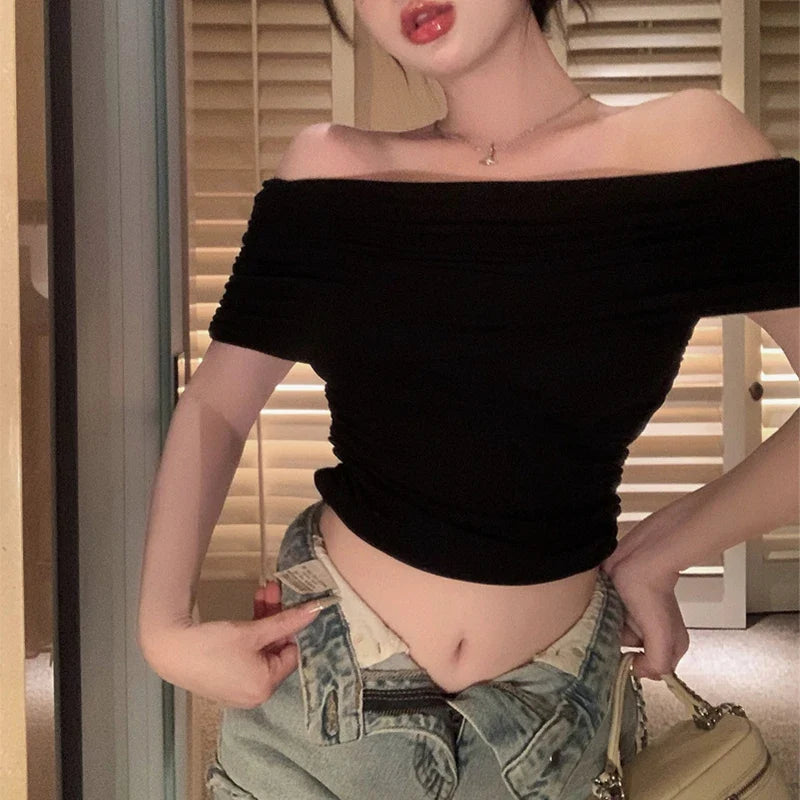 1pcs Girls Off-Shoulder T-shirt Women's Basic Fashion Tee Solid Ladys Short Sleeve Slim Tops Females Sexy Tshirts