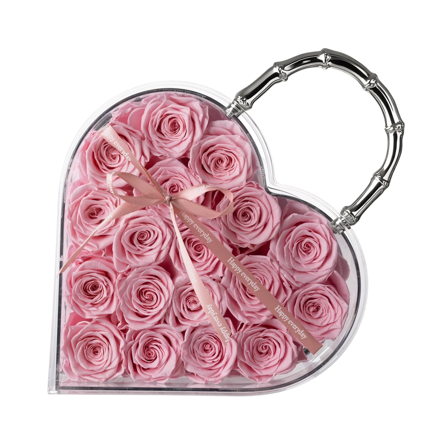 18 Preserved Roses in Heart Acrylic Display Case with Handle, Home Decor & Holiday Gift for Women, Anniversary, Valentine’s Day