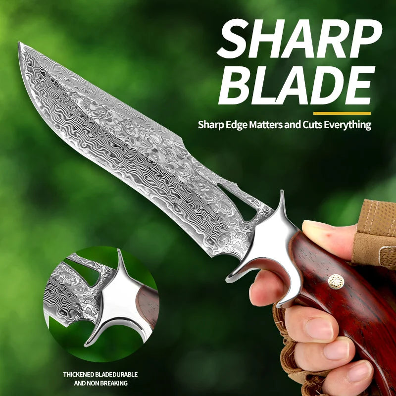 A Large Damascus Handmade Forged Knife - Fixed Blade, Wooden Handle and Leather Sheath, Convenient to Carry, Quick Cutting