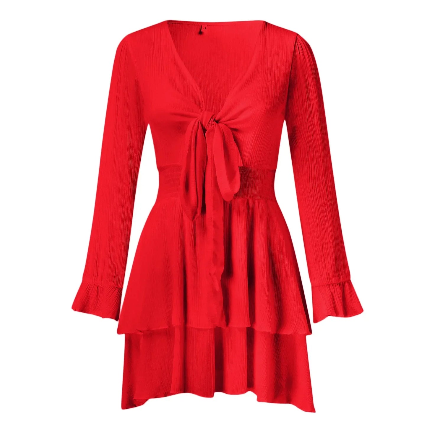 Womens Summer Fall Dress Sexy Lace-Up Deep V Neck Long Puff Sleeve Waist Tierred Flounced Edge Short Dress Loose Elegant Dress