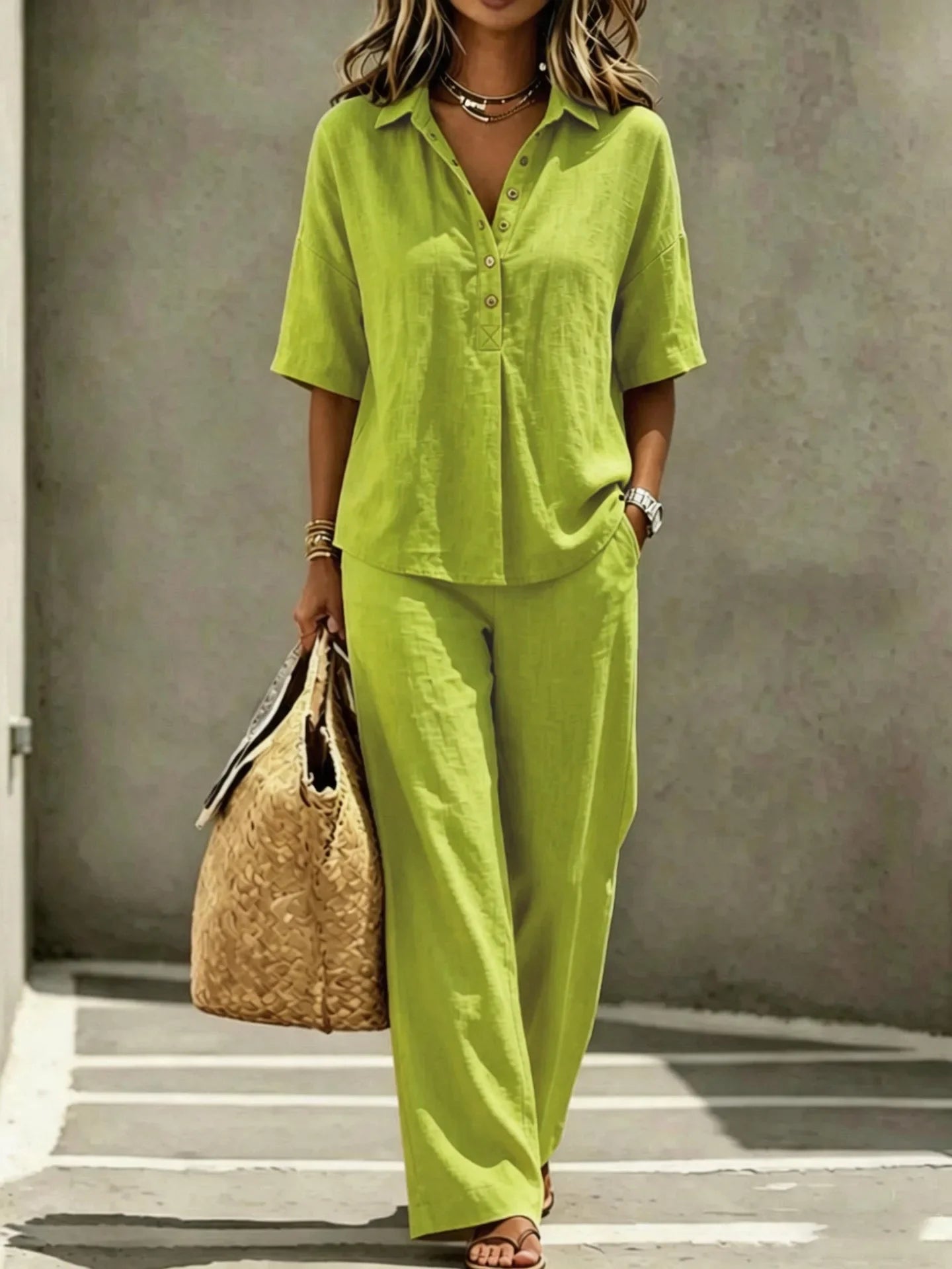 Elegant Office Holiday Two Piece Set Women Sleeveless V Neck Waistcoat Solid Black Textured Loose Wide Leg Trousers Street Match