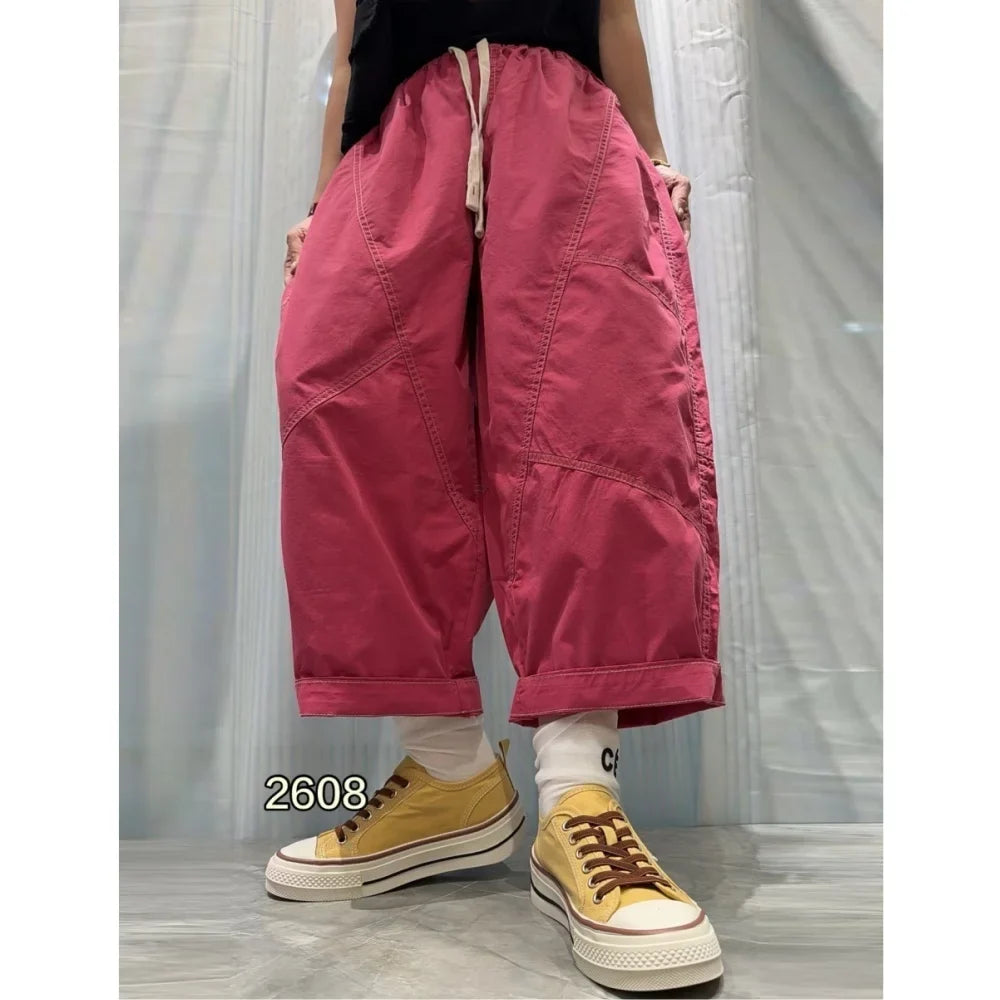 Patchwork Denim Washed Cotton Casual Pants Women Plus Size Loose Cropped Pants 2026 Spring Summer Denim Jeans JLJ522