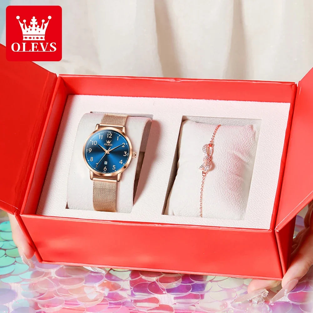 OLEVS 5653 Woman Watches Elegant Original Quartz Watch Waterproof Arabic Numerals Mesh Belt Date Ladies Watch Set Bracelet Watch