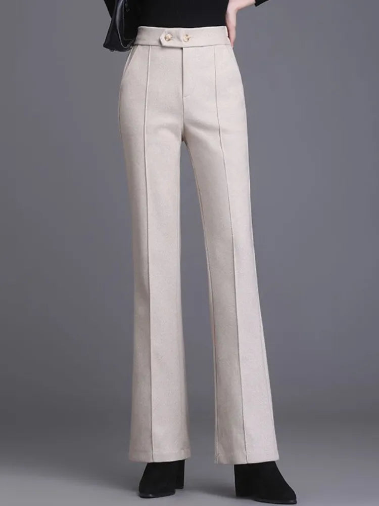 Herringbone Woolen Cloth Wide Leg Pants Women Autumn and Winter 2023 High Waist Pants Vintage Slim Elastic Waist Woman Trousers