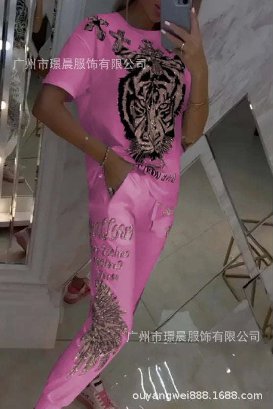 Spring Women Suit Print O-neck Short Sleeve Top Lace Up Long Pants Suits Female New Casual Elegant Trendy Ladies Clothes