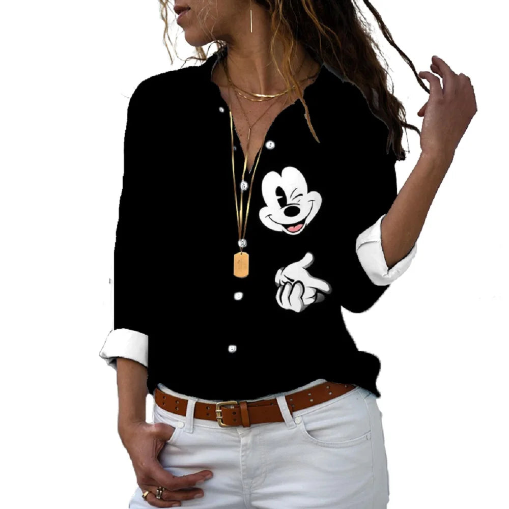 New 2024 Disney Harajuku Slim Fit 3D Print Women's Button Up Long Sleeve Lapel Mickey Minnie Casual Cute Shirt y2k