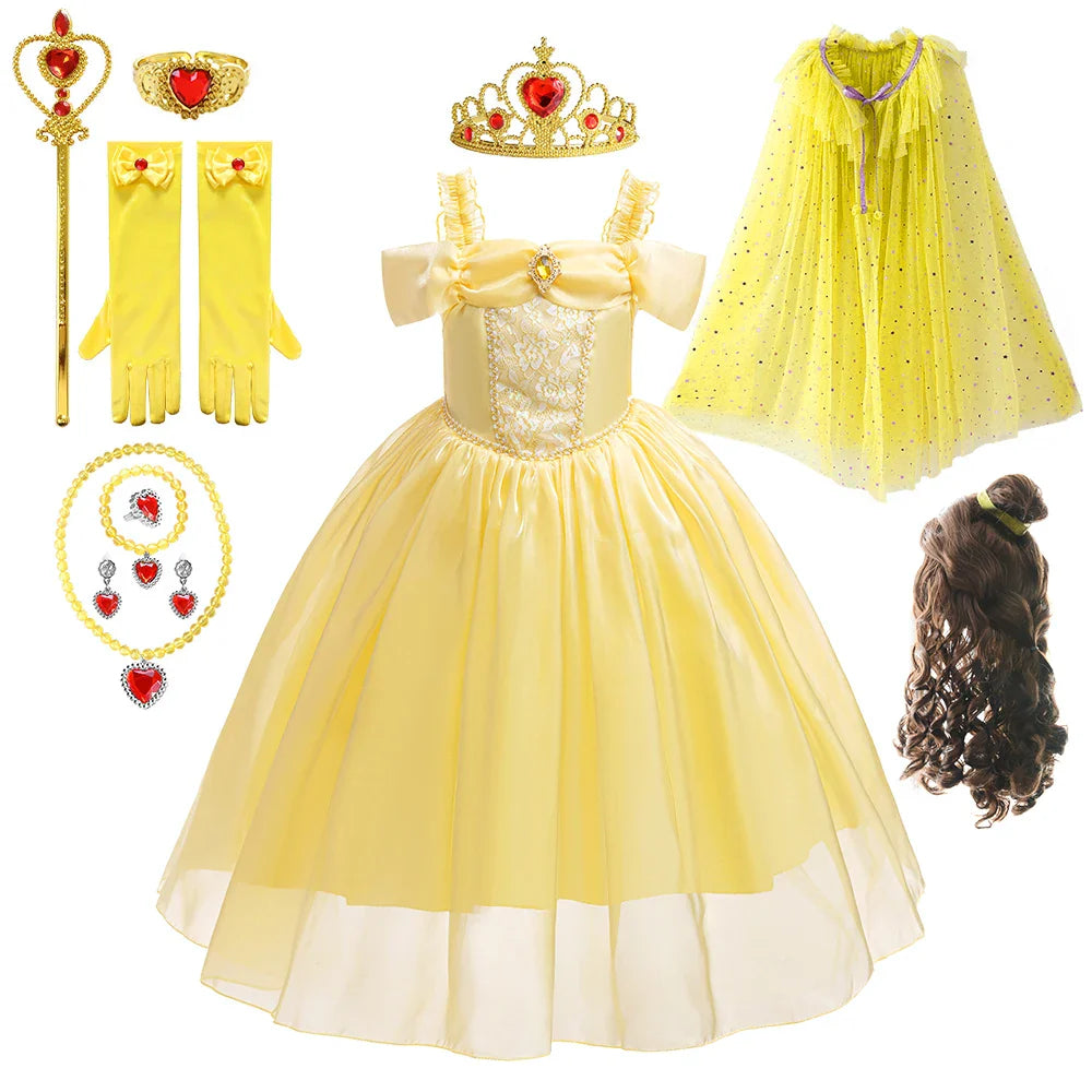 Halloween Girls Princess Belle Dress Up Evening Party Yellow Shoulderless Elegant Long Dresses Beauty Beast Fairy Costume Wig
