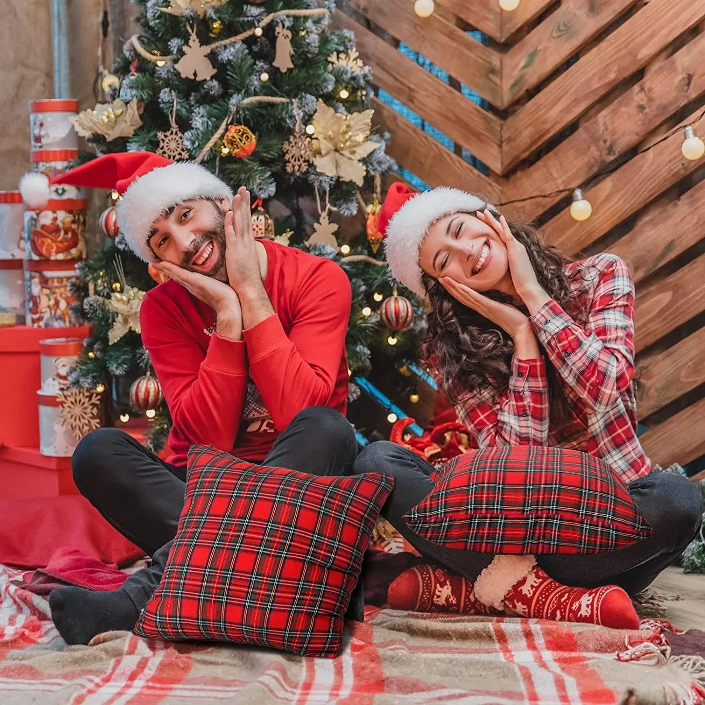 Inyahome Christmas Plaid Decorative Throw Pillow Covers Scottish Tartan Cushion Case for Farmhouse Home Holiday Decor Red Green