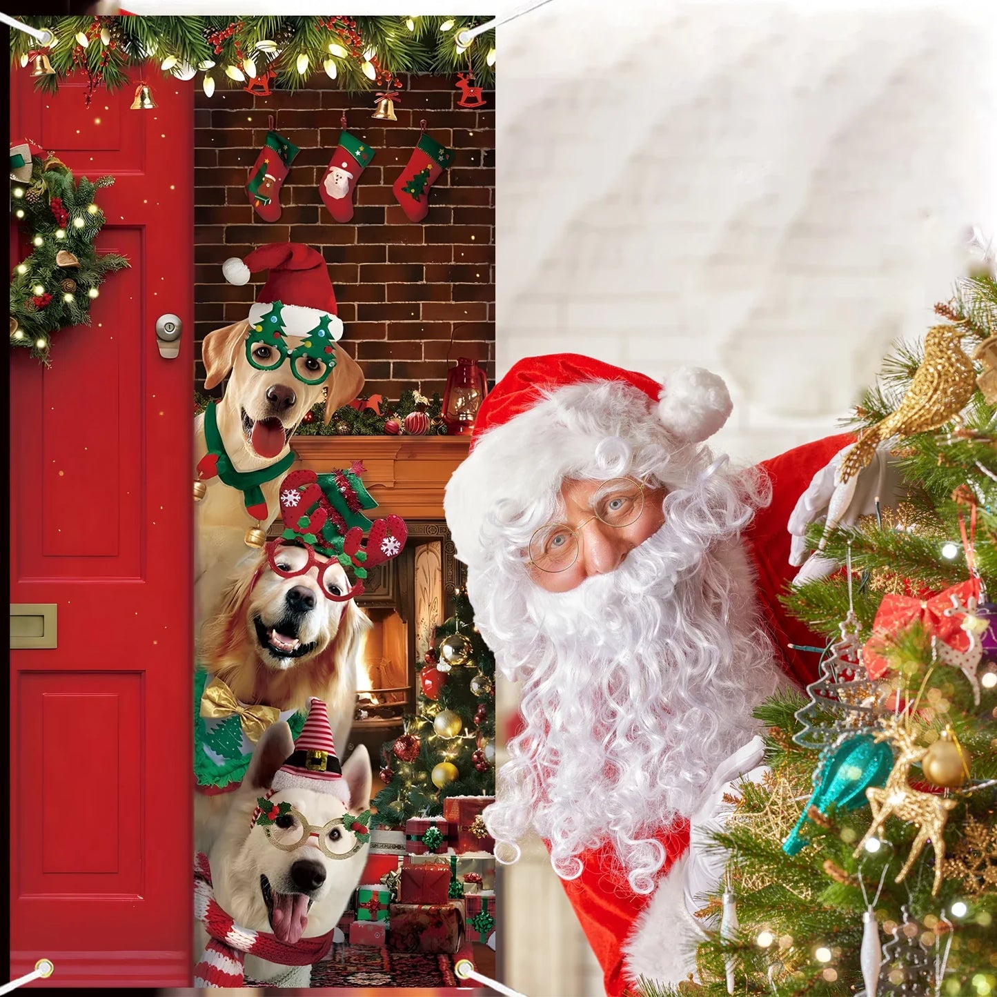 Christmas Door Cover Decoration Funny Merry Christmas Door Cover Backdrop Xmas Party Door Cover Cute Santa Dog Background Holida